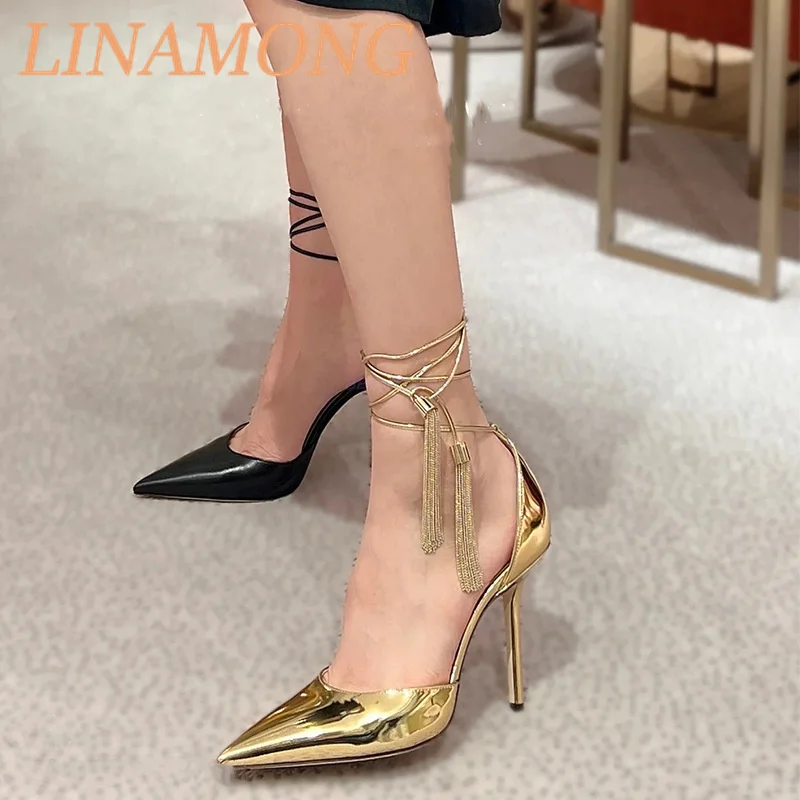 

Tassel Camisole Pointed Pump Gold Fashionable Temperament Hollow Ankle Strap Design Women's Versatile Banquet High-Heeled Shoes