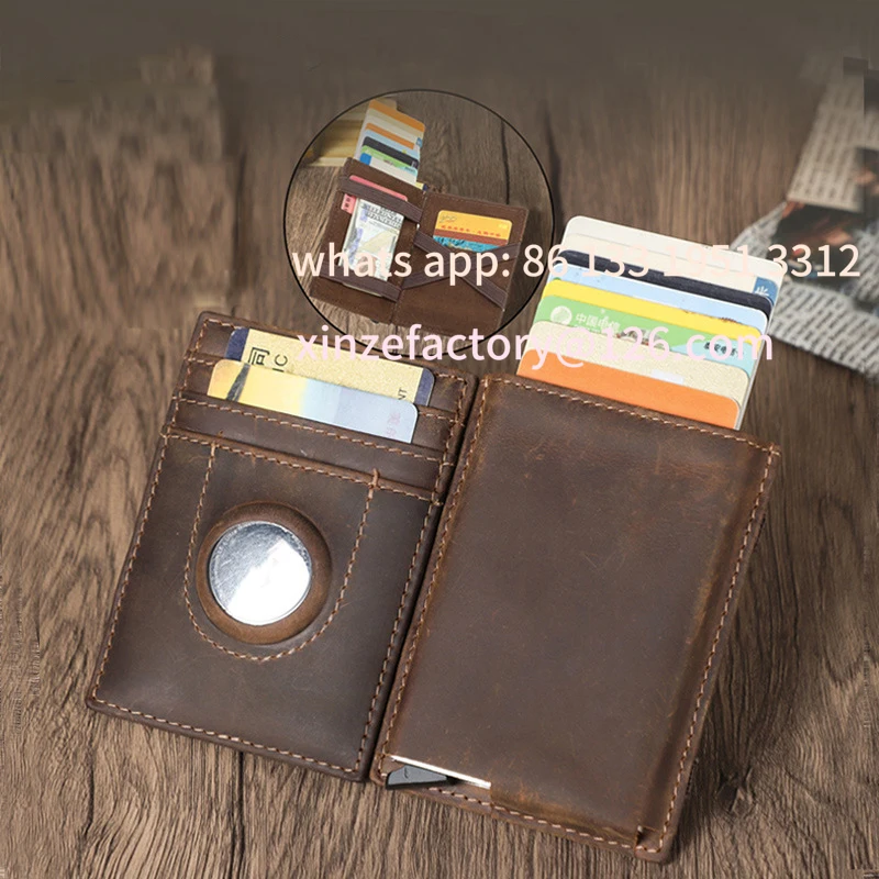 

Customizable Retro Genuine Leather Airtag Card Bag RFID Blocking Credit Card Holder Anti-lost Wallet With Auto Eject Card Case