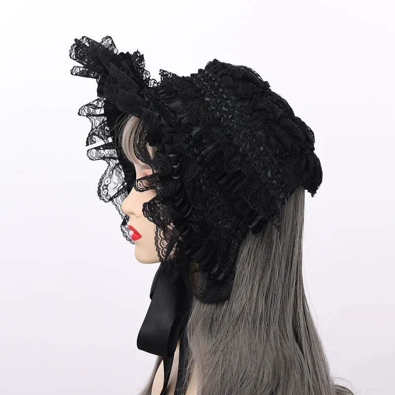 Classico nero Lolita Girl Lace Bowknot Cofano Cappello piatto Tea Party Splendido berretto da donna da fata