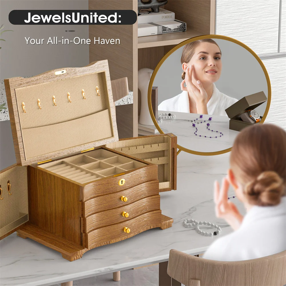 

YB Wooden Jewelry Box with Drawers Four Layers Jewelry Box Multi Functional with Lock Storage Boxes and Organizers Holiday Gifts