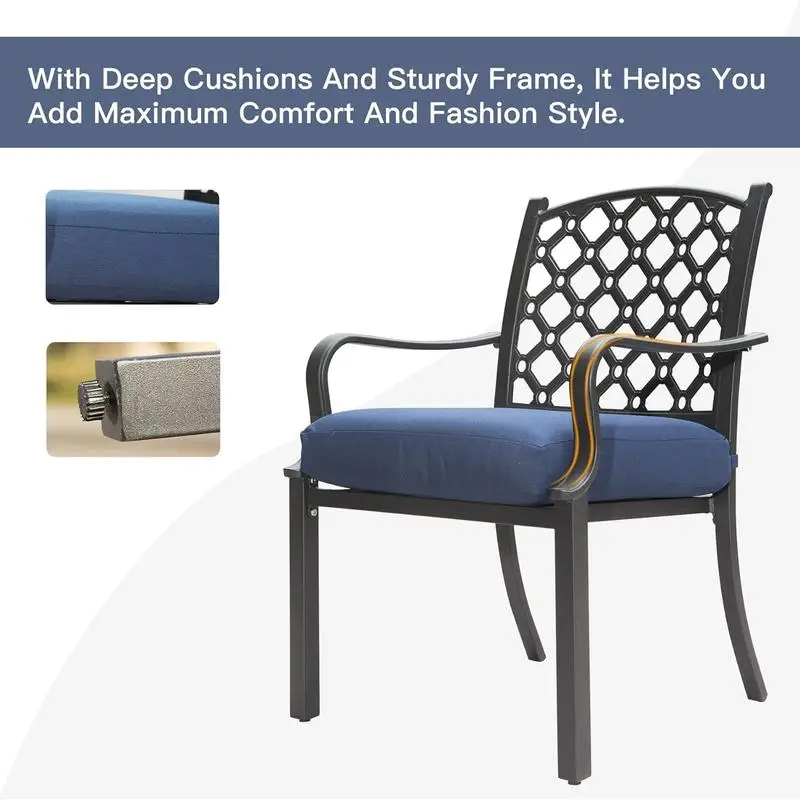 طقم طعام خارجي مكون من 7 قطع، طاولة معدنية مع كراسي دوارة وتناول الطعام، وسائد كحلي قابلة للإزالة للحديقة والحديقة والساحة