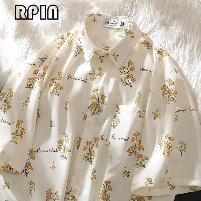 Retro Hawaiian Aesthetic Flower Shirts Men Women High Quality Chiffon Blouse Summer Loose Short Sleeve Lapel Tops Beach Clothing