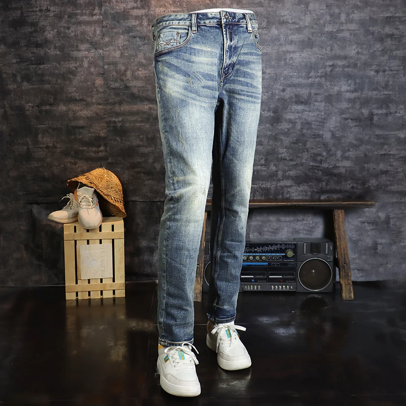 Italian Style Fashion Men Jeans Retro Washed Blue Elastic Slim Fit Ripped Jeans Men High Quality Vintage Designer Denim Pants