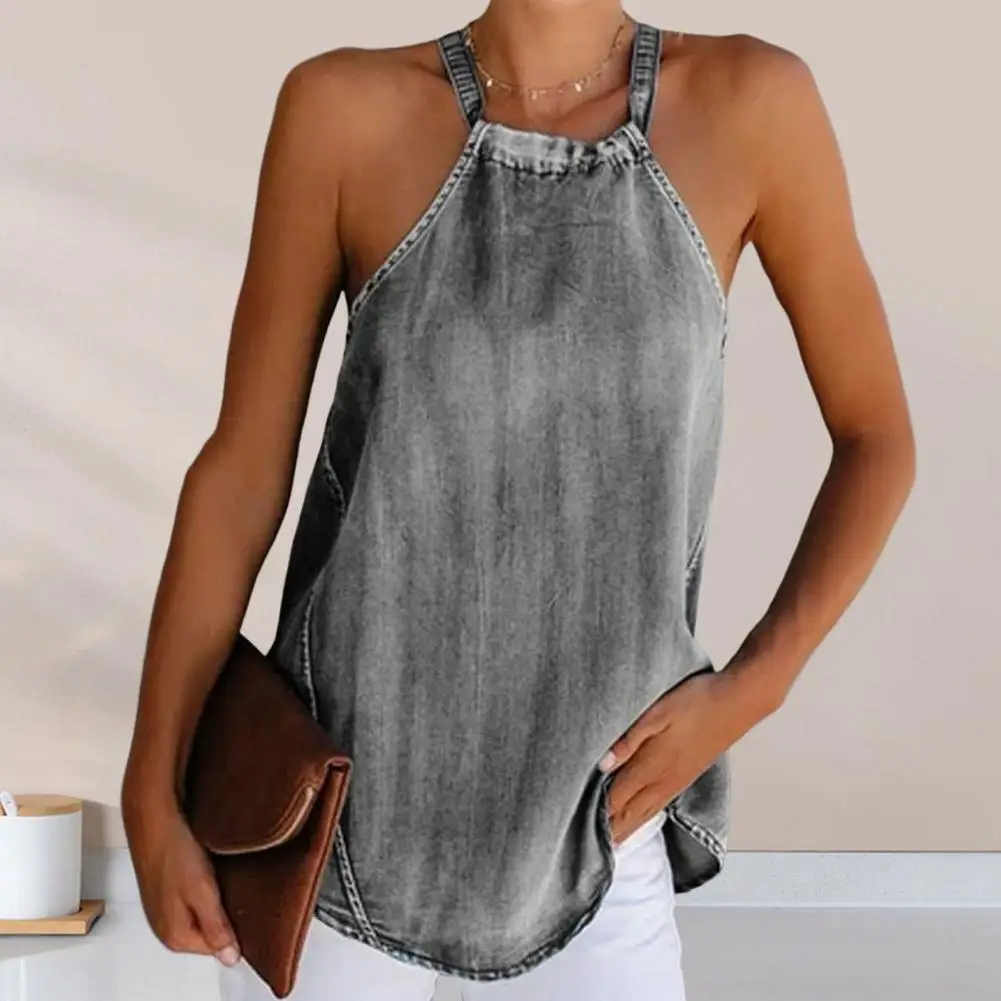 Women Halter Tank Top Sleeveless Denim Casual Shirt O Neck Spaghetti Straps Soft Summer Ladies Halter Cami Shirt Vacation