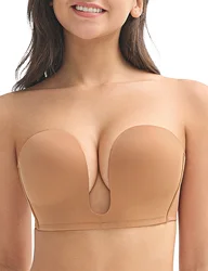 Wingslove Women's Underwire Plunge Invisible Strapless Bras Sticky Push Up Bra Backless Adhesive Lightly Padded Bra C-DDD cups