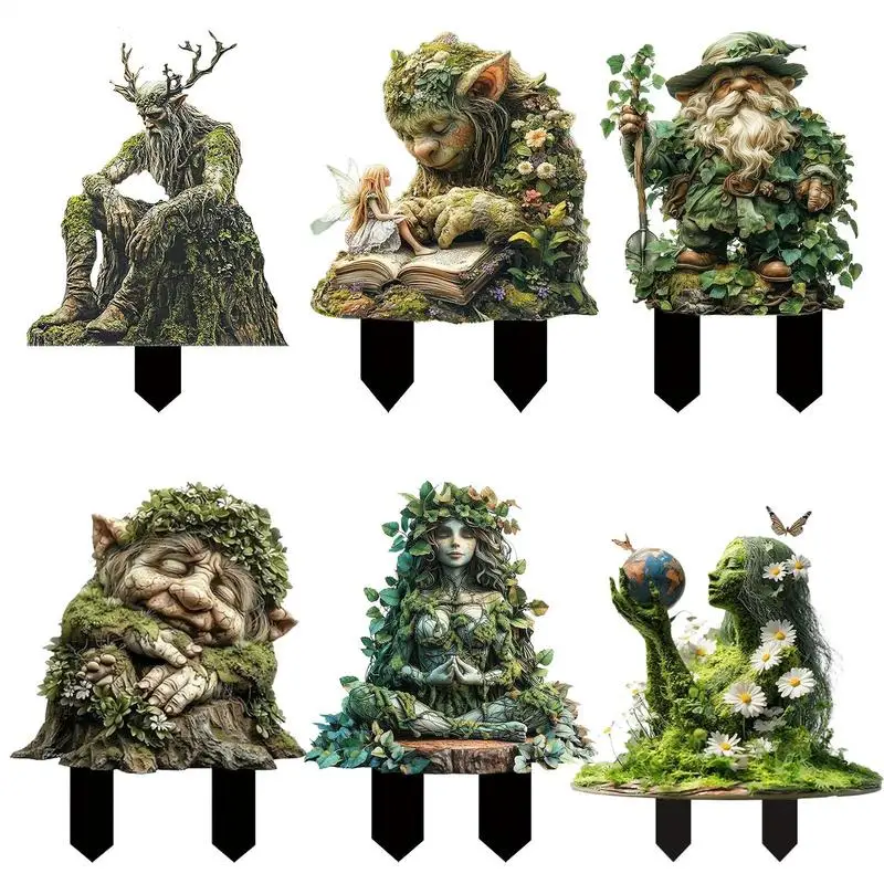 

2D Flat Acrylic Fairy Garden Stakes Flower Pot Stake Garden Ground Insert Fairy Tree Man Elf Statue Ornaments Garden Lawn Decor
