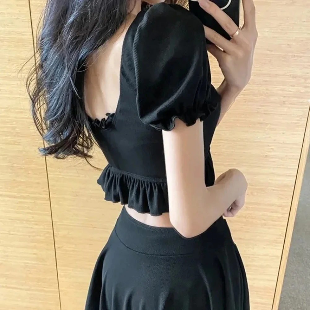 

Быстросохнущая пляжная одежда. Черный купальник с юбкой. День бассейна. Пляж и плавание. Экологически чистый купальник.