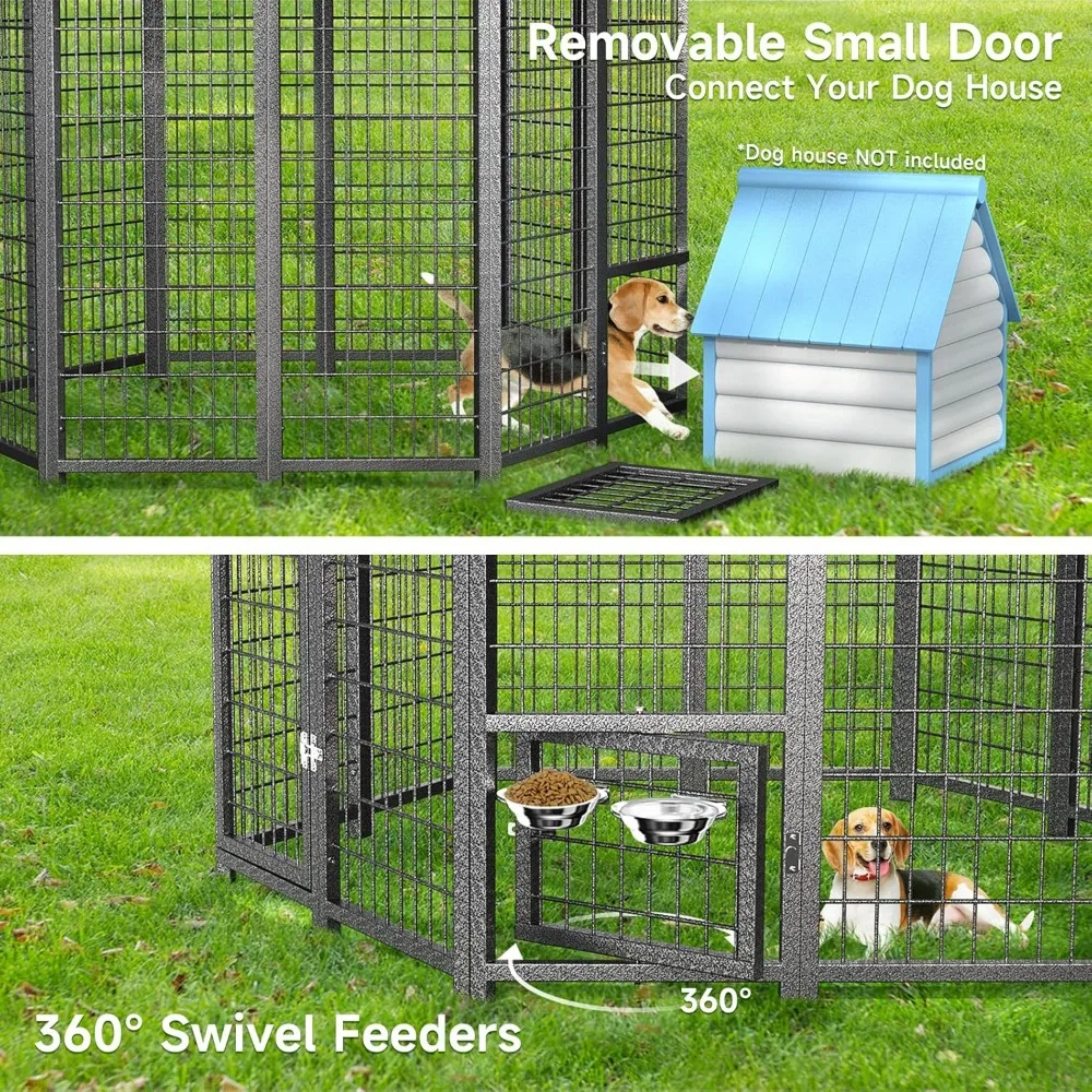 Round-Like Dog Kennel Pen Outside Outdoor Dog Run with Roof, Swivel Feeders/Doggy Door Allow Connecting Dog House- Pet Enclosure