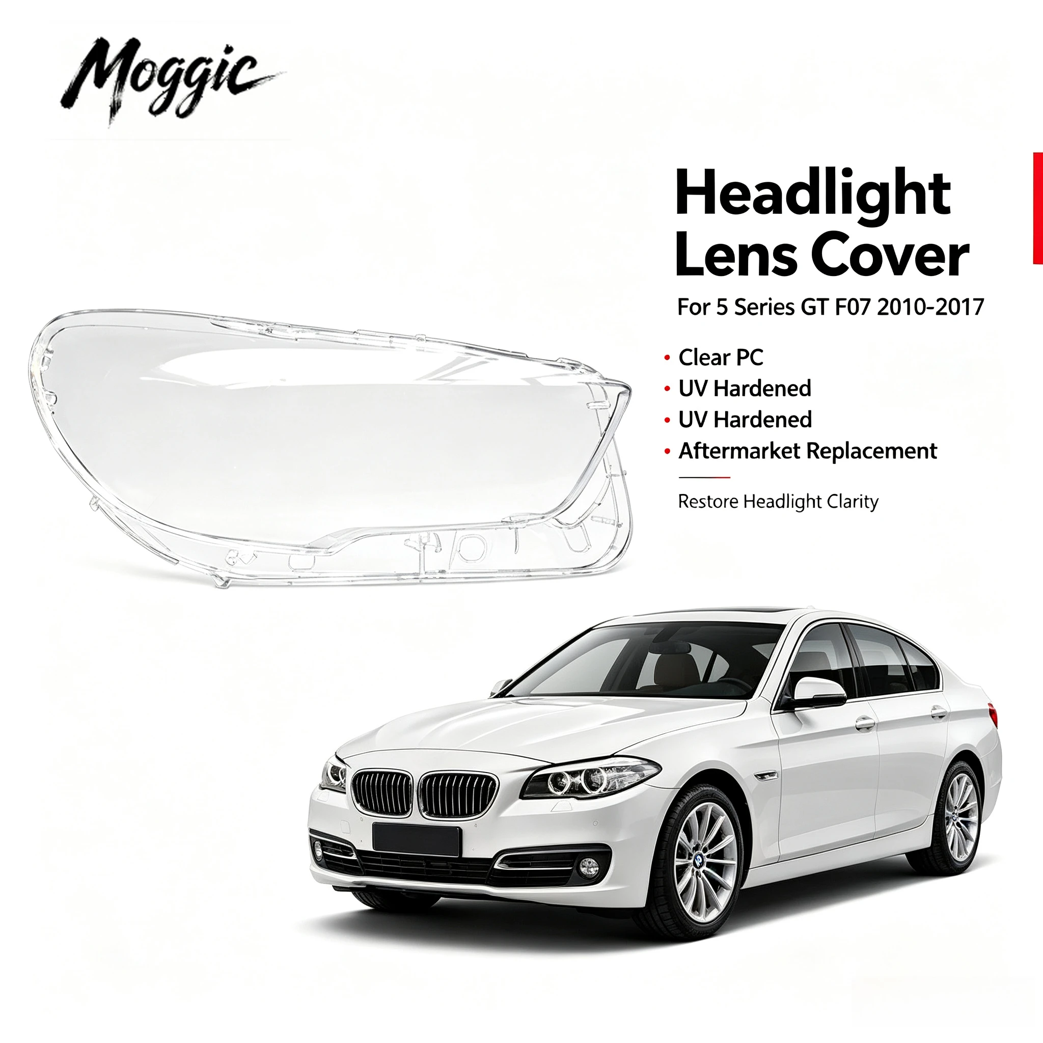 Moggic Headlight Lens Cover Compatible with 5 Series GT F07 2010 2011 2012 2013 2014 2015 2016 2017 Left Right Side Replacement