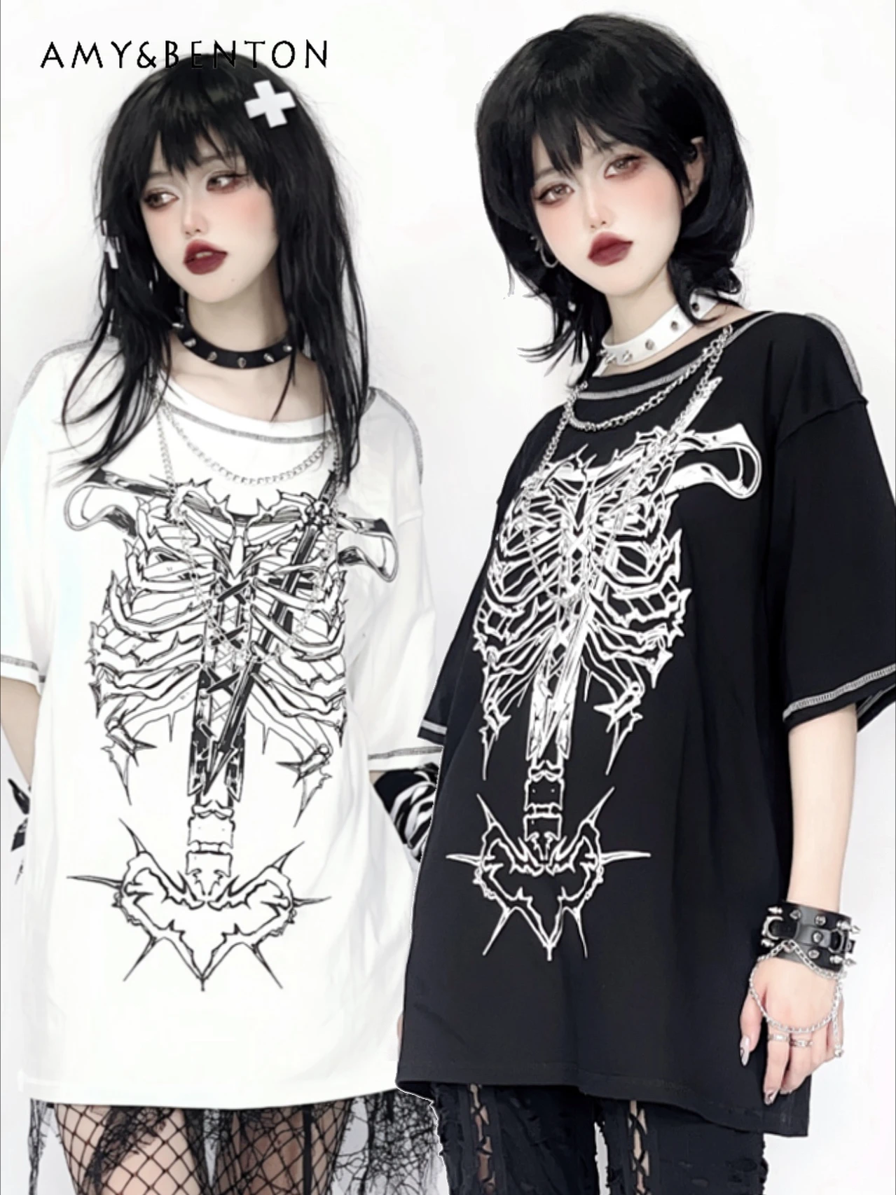 

Original Subculture High Street Punk Print Short-sleeved Tops Harajuku Chain Pendant Y2K Oversized T Shirt Goth Graphic T Shirts