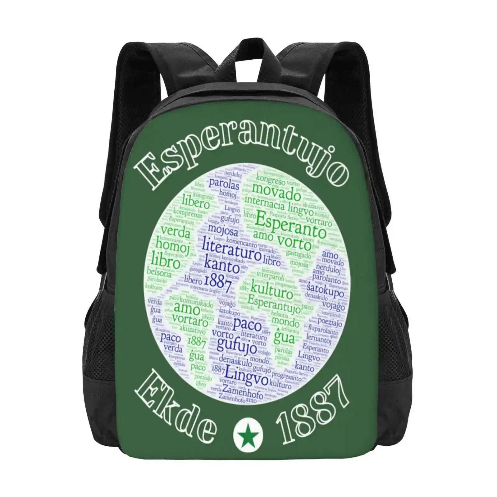 

Esperantujo, Ekde 1887 Hot Sale Schoolbag Backpack Fashion Bags Lingvoj Language Learning Conlang Vortnubo Word Cloud Earth