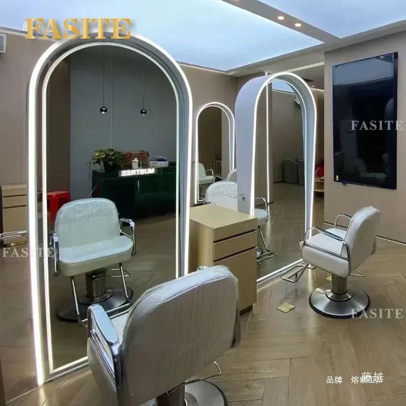 For Hair Double Sided Floor Mirror Stainless Steel Barber Shop Standing Mirror with LED Light and Red Tide Net Full
