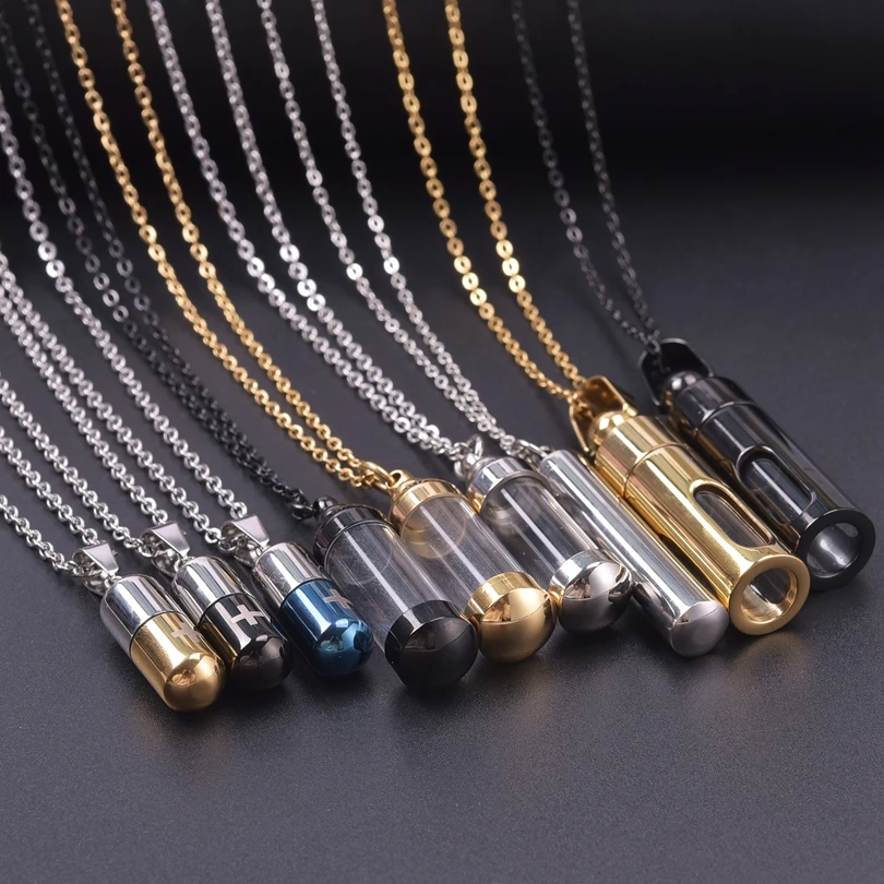 1Pc Hip Hop Medicine Pill Case Reliquary Ashes Holder Pendant Necklaces Stainless Steel Capsule Keepsake Men Collares Jewelry