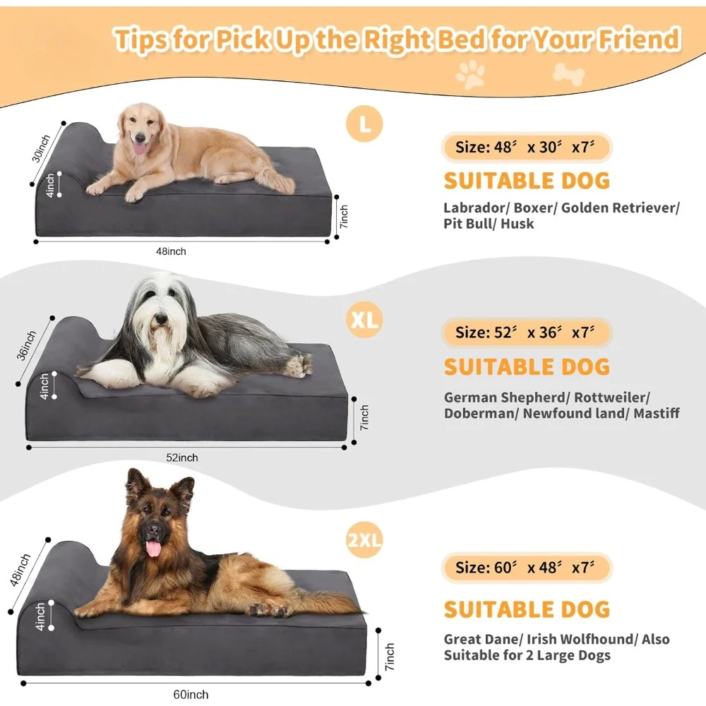 7 Inch Dog Bed with 4 Inch Headrest, Chew-Resistant & Washable Microsuede Cover/Waterproof Inner Case, Memory Foam Dog Bed