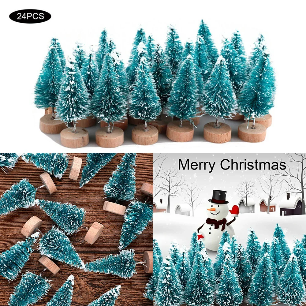 24PCS 4.5cm Sisal Christmas Tree Small Xmas Pine Trees Santa Snow Frost Village Xmas Tree Home Desktop Decoration