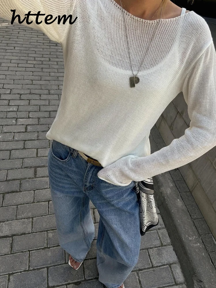 Elegant Knitted Hollow Out Pullovers Women Loose O-neck Long Sleeve See Through Jumper 2024 Summer Y2k Chic Lady Beach Sweater