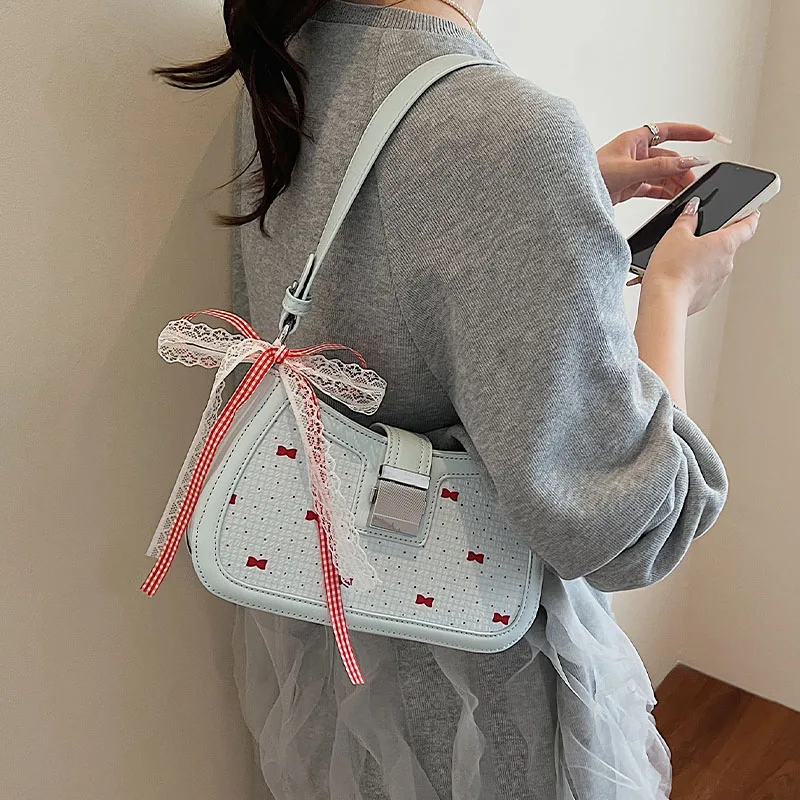 

Exquisite Bow Polka Dot Single Shoulder Bag Women's Korean Style Sweet Versatile Small Square Bags High Quality Female Handbags