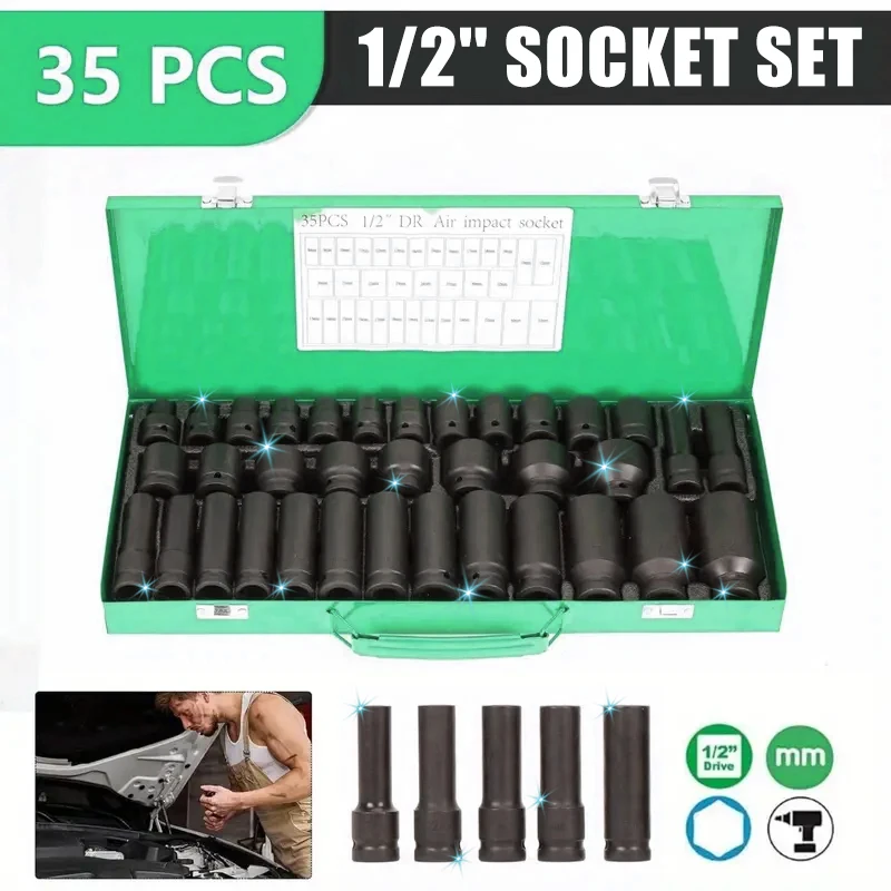 35pcs Professional Heavy-Duty 1/2" Pneumatic Tool Kit with Air Gun, Hex Extensions, Rotary Tools & Impact Socket Set