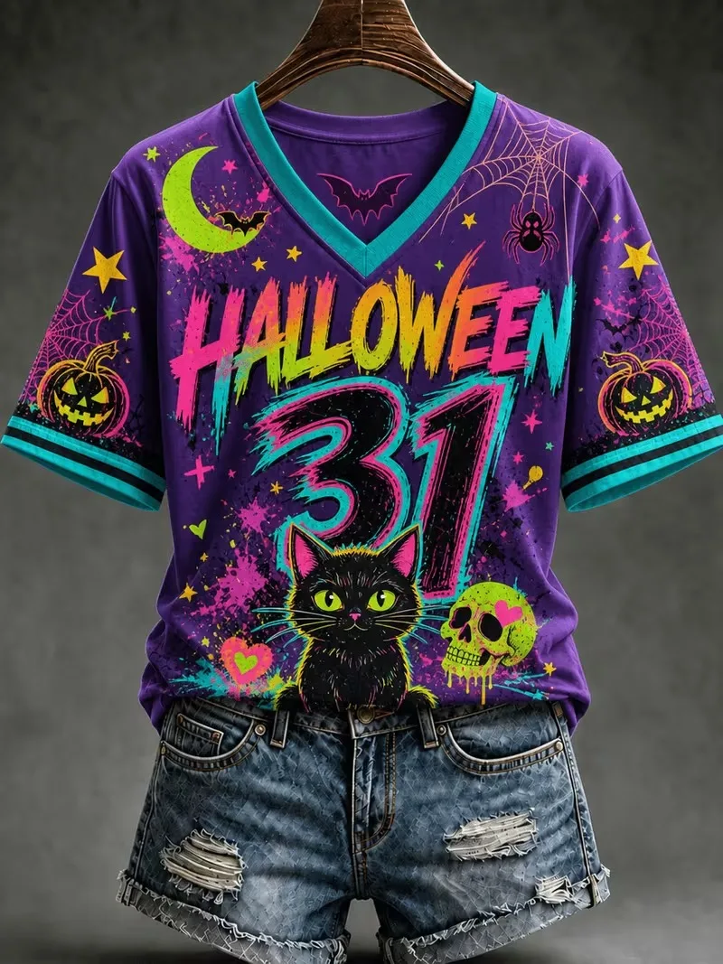 Halloween Pumpkin Women's T-shirt Cute Black Cat Ghost Bow Candy V‑Neck Short Sleeve Tee Sweet Spooky Oversized Party Streetwear