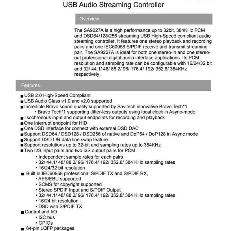 [B24B!】 SA9227 USB To SPDIF Optical I2S 32BIT 384K DSD256 Audio Streaming Controller Suooprt AC3,DTS,DOLBY Digital Source Output