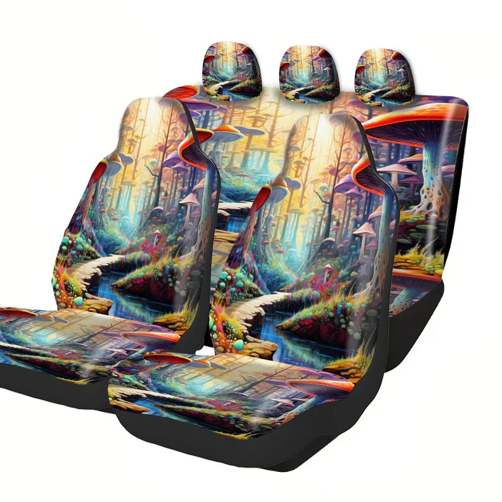 Trendy Print Car Seat Covers Full Set Fit Festive All Occasion Premium Mushrooms Forest Stream Design Comfortable Breathable In