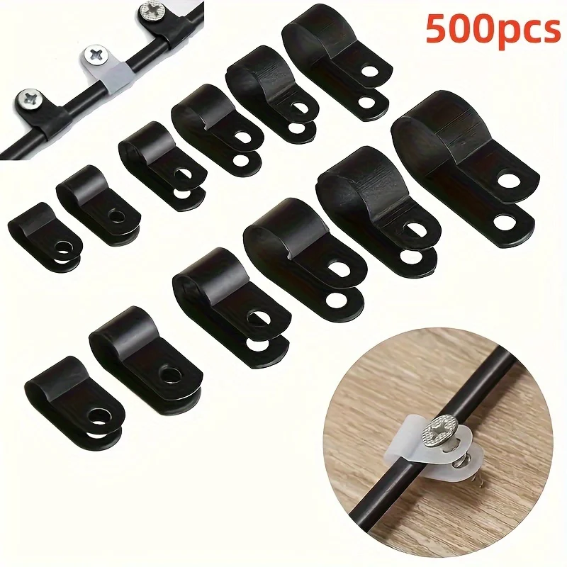 500Pcs R-shaped black nylon cable clamp, plastic P clamp, cable installation and fixation hardware accessory