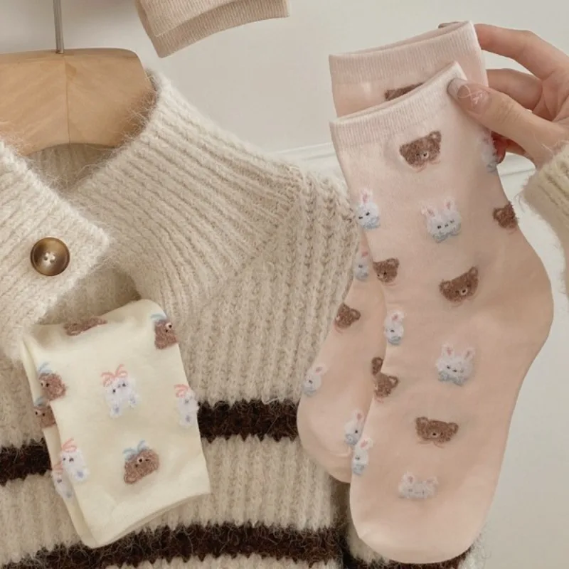 Winter Cartoon Flocking Rabbit Bear Mid-Calf Slouchy Socks for Women Cute Kawaii Warm Thick Crew Socks Cozy Soft Plush Socks