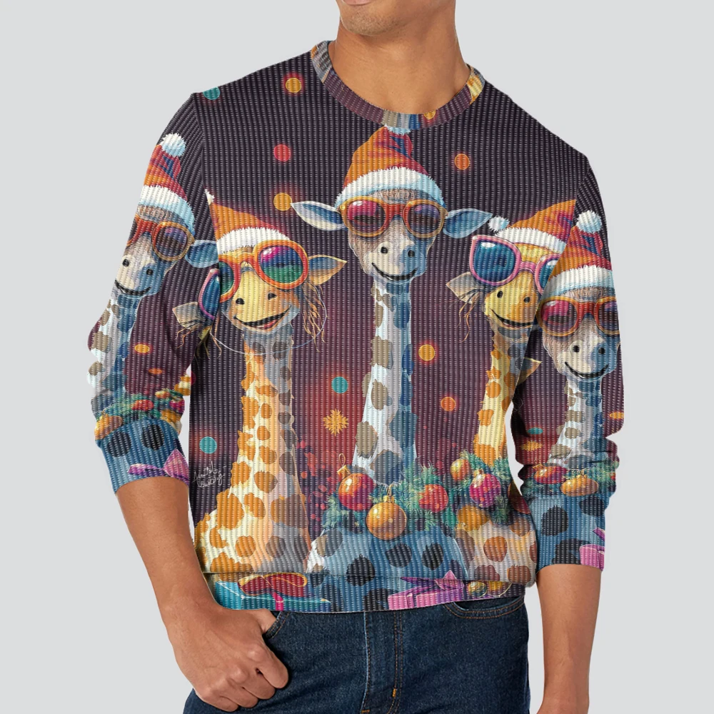 New autumn and winter fashionable sweater with cute little giraffe and horse print, warm men's and women's styles