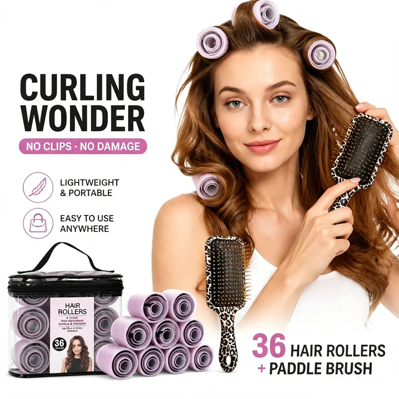 37Pcs No Clips Heatless Hair Rollers Set With Leopard Air Cushion Comb No Damage Self‑Grip Hair Curlers Portable DIY Sleeping Hair Styling Tools With Storage Bag