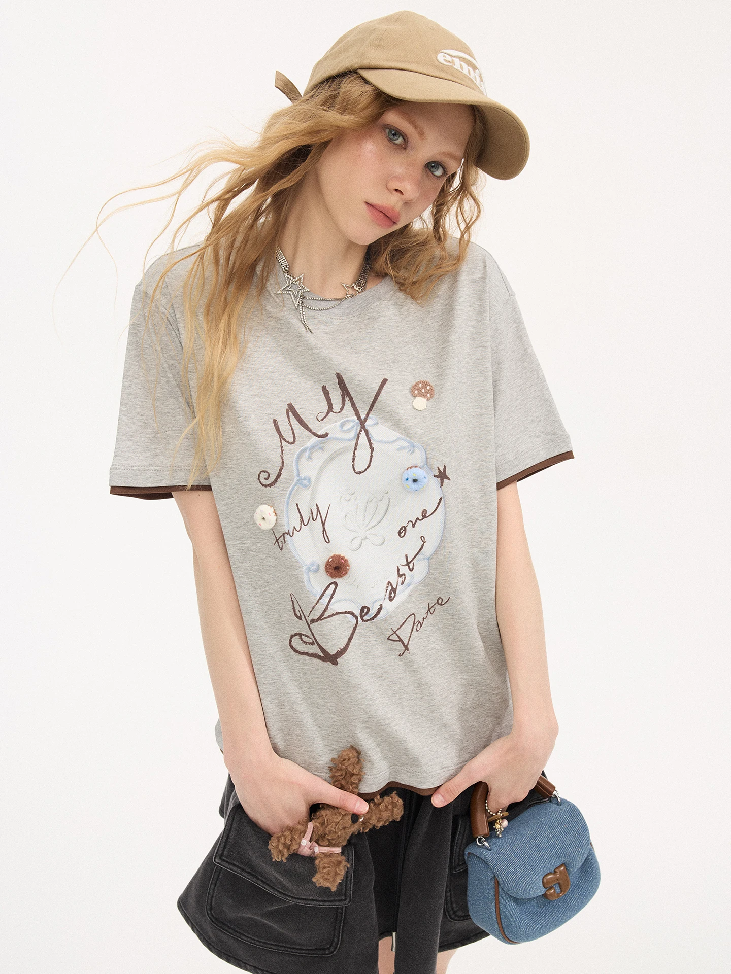 DIDDI MODA Retro Style Short Sleeve T-Shirt Women's round Neck Overhead Print Loose Fit Summer New Arrival Light Grey