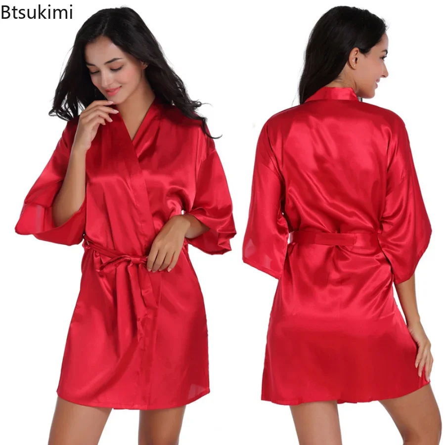 2024 Women's Summer Sleepwear Mini Robe Half Sleeve Lace Bathrobe Sexy Lingerie Night Gown Thongs Nightdress Short Silky Robes