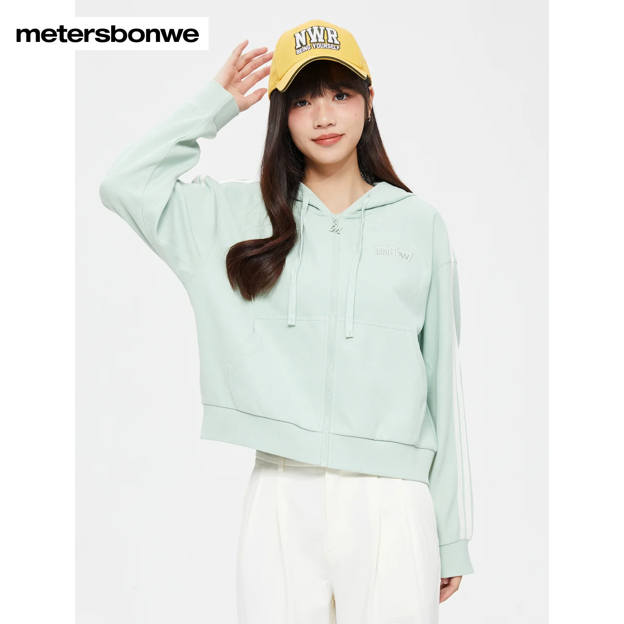 Metersbonwe-Women's Knit Cardigan 100%Cotton Hooded Loose Drop-Shoulder Coats Sport Casual Spring Autumn