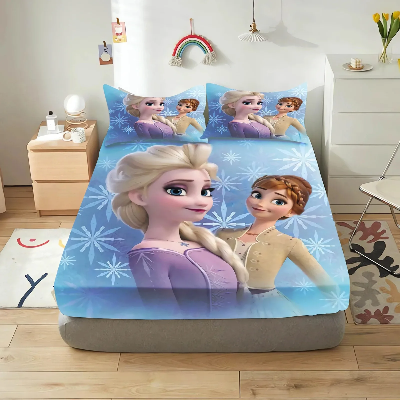 Disney Frozen Elsa Anna Fitted Sheet 3pcs Queen Size Bed Sheets Set of Sheets 180x200 Sheet With Elastic Band 150*200