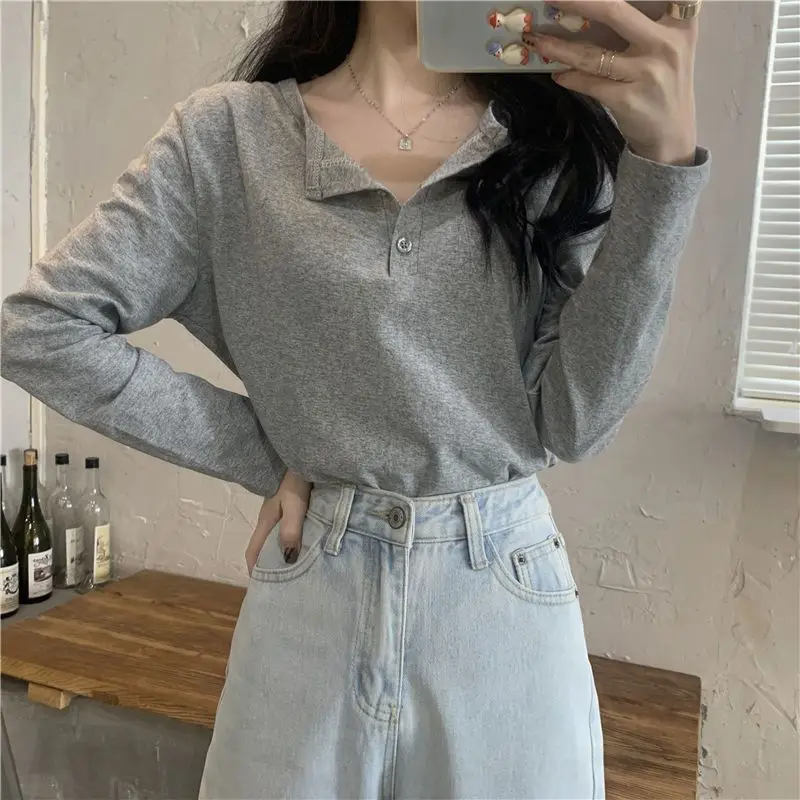 

Stylish Polo Collar Long Sleeves T-shirt for Women Spring Autumn Casual Loose Temperament Versatile Tops Fashion Women Clothing