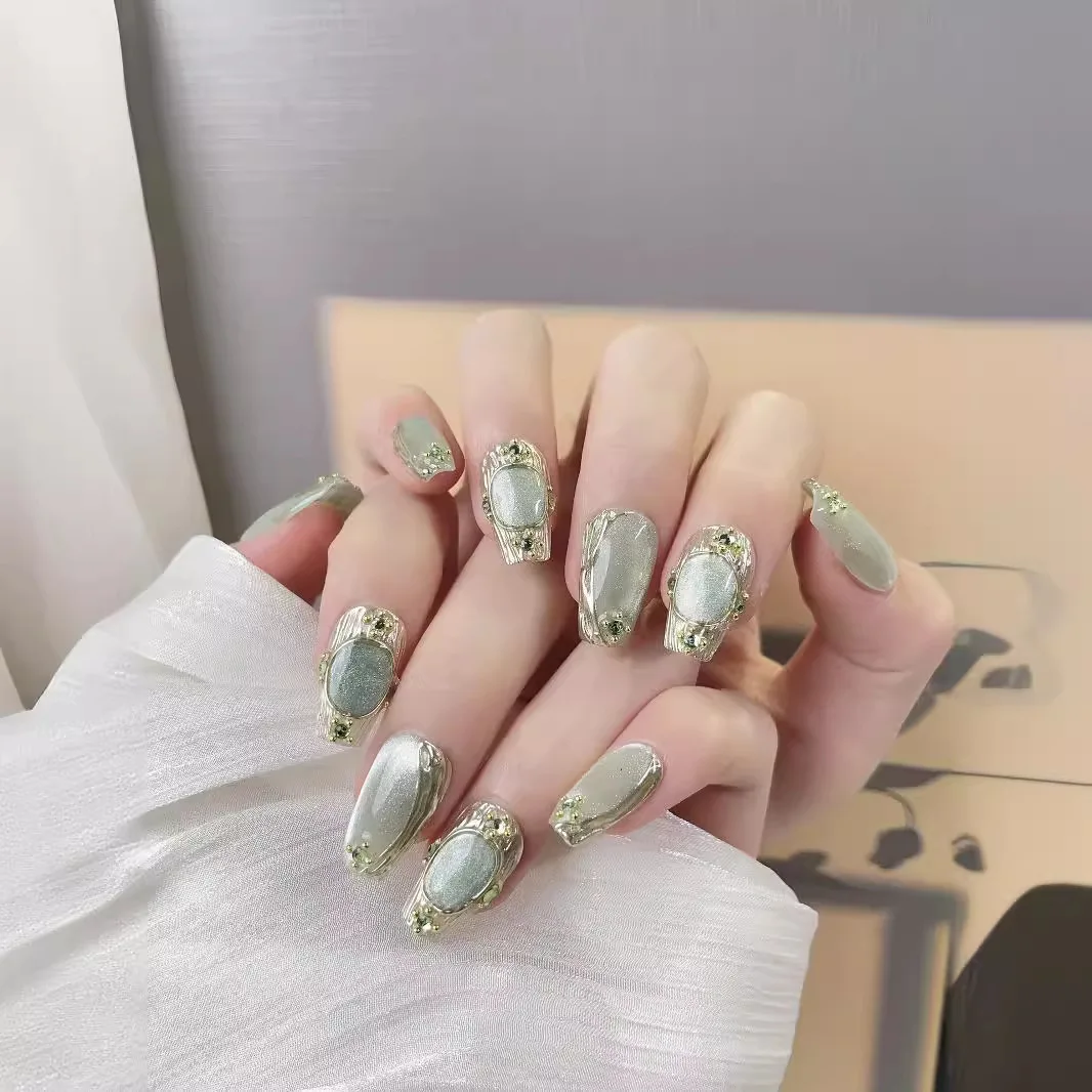 10Pcs Green Cat Eye Handmade Press on Nails Fake Nails Wearable Stick-on Nails False Nail Uñas Накладные Ногти Faux Ongles 네일팁