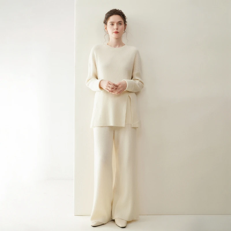 2026 Women's 100% Cashmere Pullover Sweater Wide Leg Pants Suit Autumn Winter Long Sleeve Simple Knitwear Grace Cashmere Set