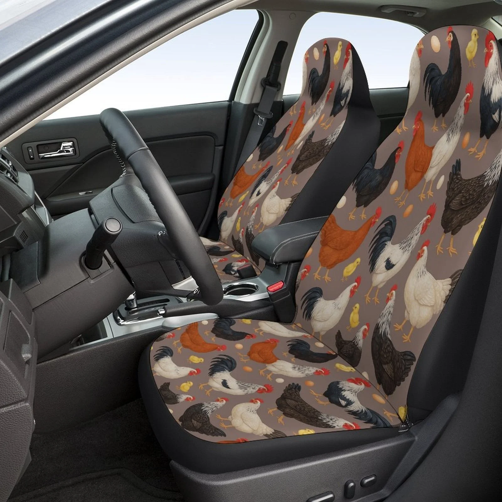 Chicken And Eggs Pattern Themed Car Seat Cover Set For Most Cars, Trendy Novelty Car Seat Protector Covers Full Set, Universal C