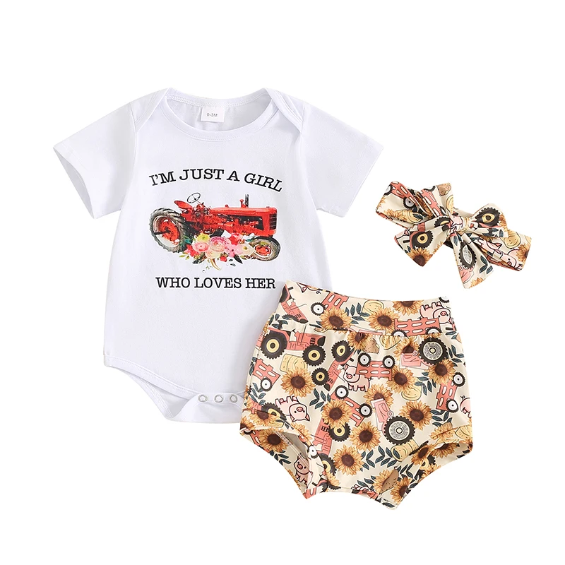 

Baby Girl Summer Outfit Letter Print Short Sleeve Romper Sunflower Shorts Bow Headband Infant Toddler 3 Piece Set