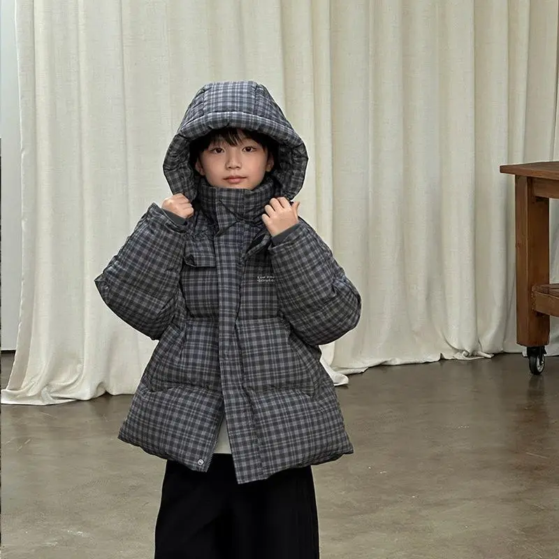 Boys Winter Plaid Padded Jacket Thick Warm Cotton Coat Fashion Kids Outerwear Streetwear