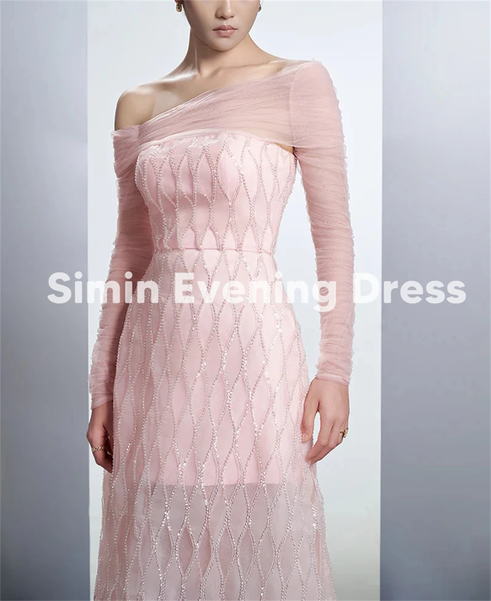 Simin Women's Sparkly Lace A Line Boat-neck Saudi Evening Dresses With Long Sleeves Tea-Length Formal Elegant Dresses 2025