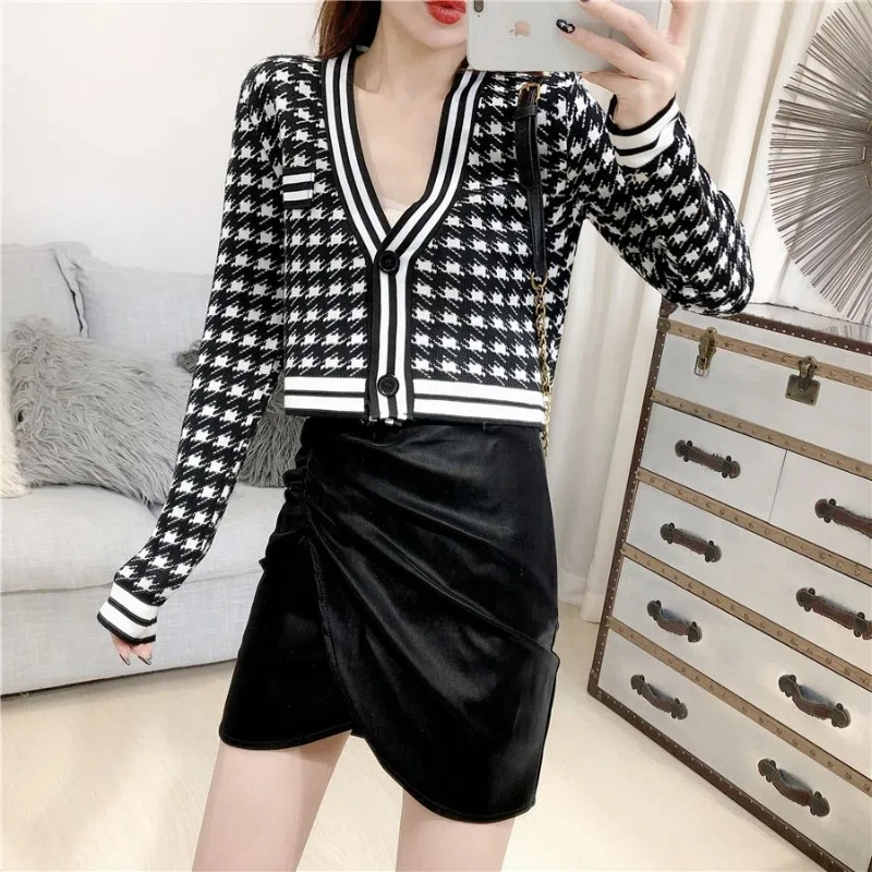 Short High Waist Black White Thousand Bird Grid Cardigan Spring Autumn Long Sleeve Korean Sweaters Fashion Vintage Women Clothes