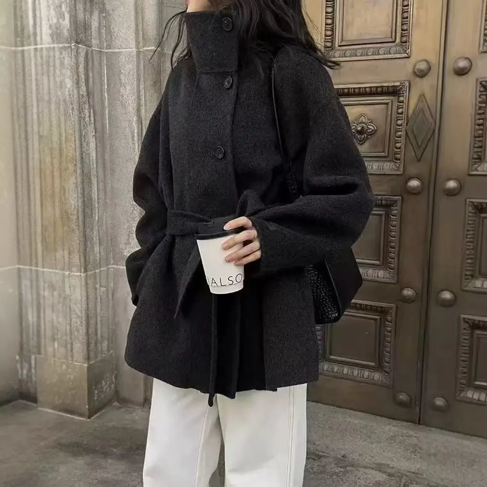 Street Women's Belt Stand Collar Woolen Coats Chic Single Breasted Full Sleeve Jacket 2025 Autumn Winter Lady Commute Outwear