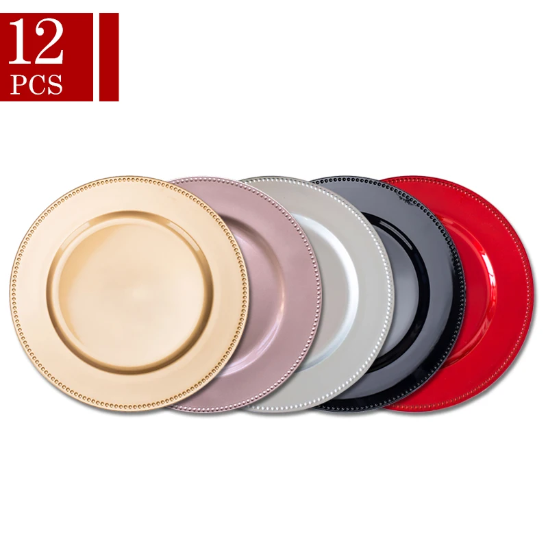 

Wholesale Round Acrylic Plastic Black Red Silver Rose Gold Beaded Charger Plates For Wedding Decorative Party Bulk Set Free