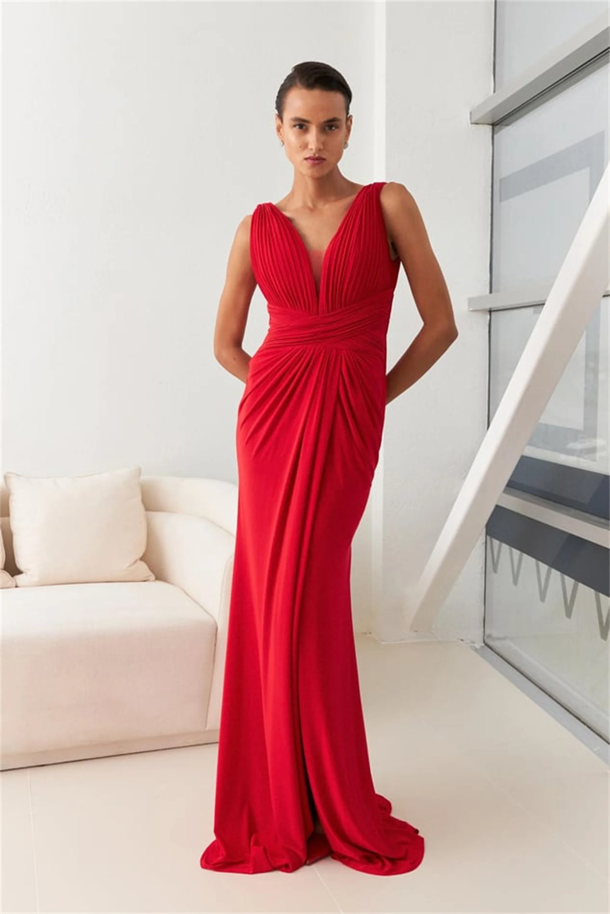 EVON BRIDAL Red V-Neck Ball Gown High Split Red Carpet Party Dresses 2025 For Wedding Woman Fashion Ceremony Dress Customized