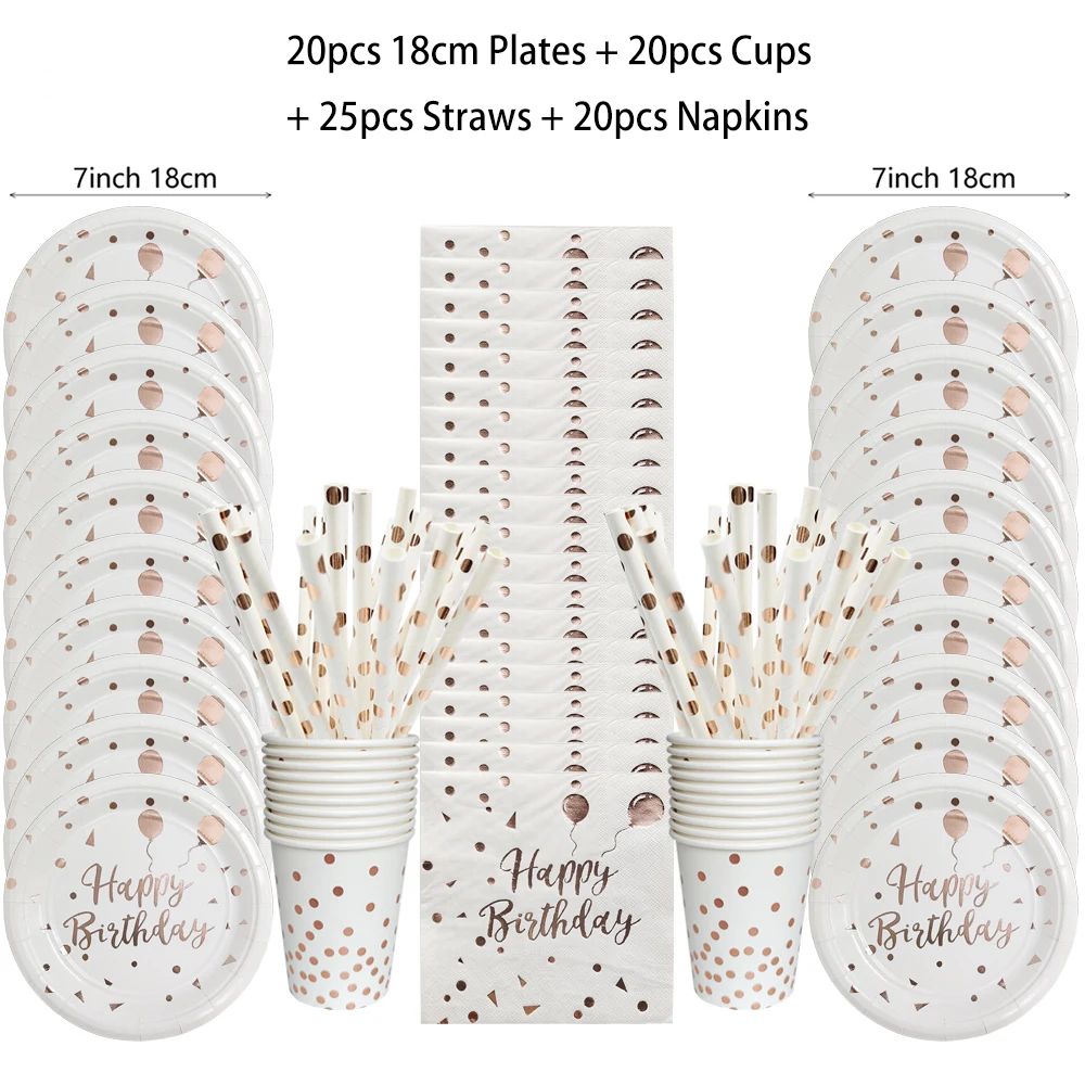 Birthday Disposable Tableware Set Pink Rose Gold White Plates Cups Napkins Tablecloth Girl Birthday Party Decoration Baby Shower image 3