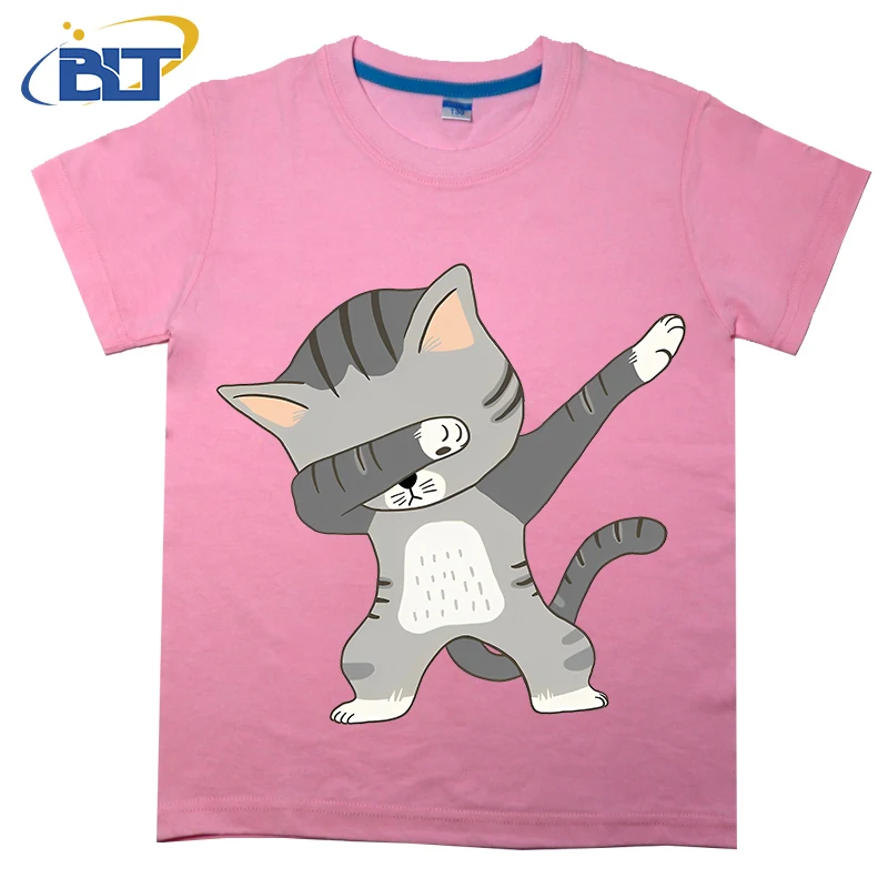 Dabbing Cat Printed Kids T-shirt Summer Cotton Short Sleeve Casual Tops Suitable for Boys and Girls