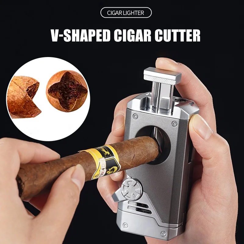 

Four Blue Flame Rocker Cigar Lighter V-Cigar Cutter Cigar Rig Anti-Hot Fork Visual Gas Window Multi-Function Ignition Smoking