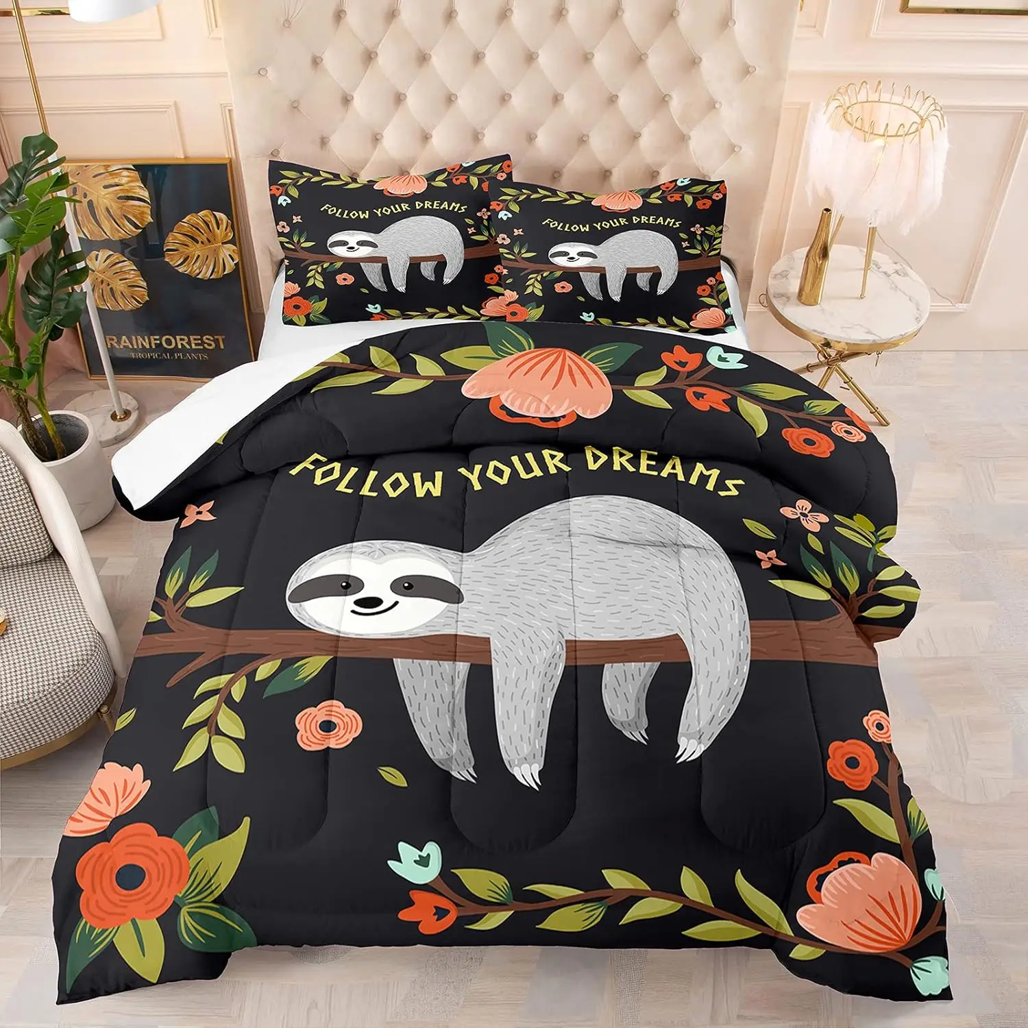 Sloth Comforter Bedding Set Twin for Boys Girls, 3D Cute Sloth in Energy Saving Mode by Huging Trees Sleeping, Soft Microfiber