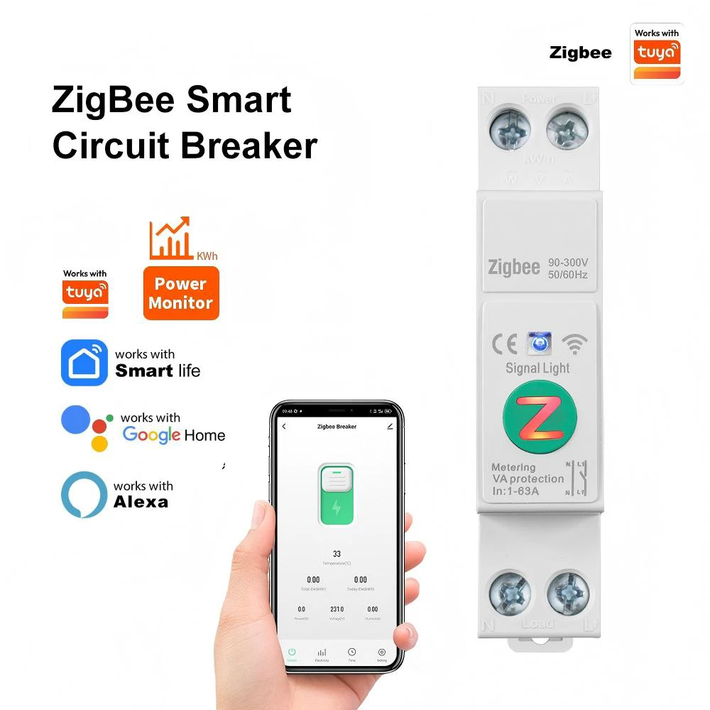 Tuya WiFi/Zigbee Smart Circuit Breaker 1‑63A Energy Monitoring Timing Countdown Loop Switch Overvoltage High Temp Protection
