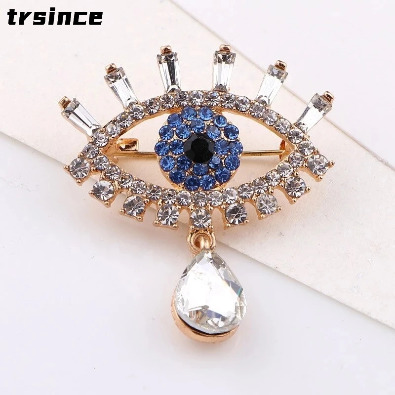 

Luxury Refinement Crystal Blue Eye Pin Brooch for Women Full Rhinestones Scarf Pin Vintage Jewelry Lapel Suit Accessories
